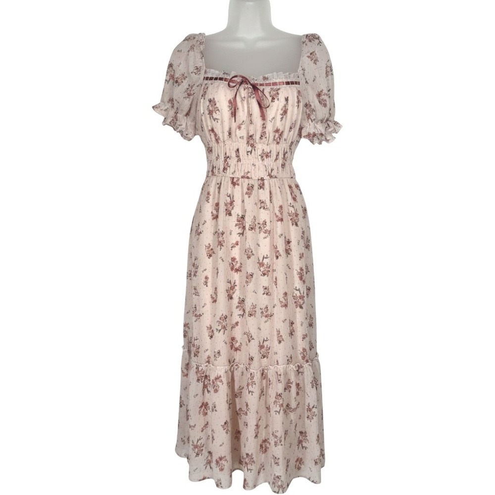 Womens Floral Chiffon Milkmaid Tiered Maxi Dress Pink Smocked Waist S Coquette
